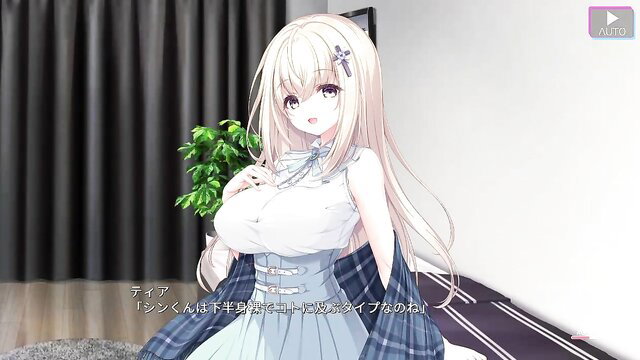 Busty platinum blonde anime girl in sexy pleated skirt and blouse
