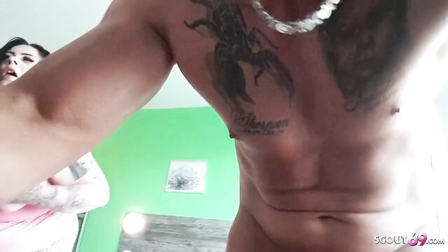 Tattooed muscular guy POV with busty brunette BBW in amateur creampie scene