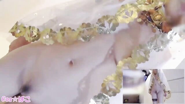 Love Live Honoka cosplay dancer in gold lingerie toilet sex closeup