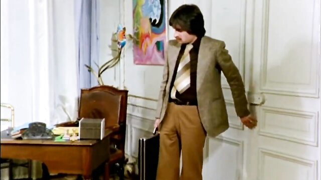 Vintage French 70s guy in suit with briefcase at door retro porn thumbnail