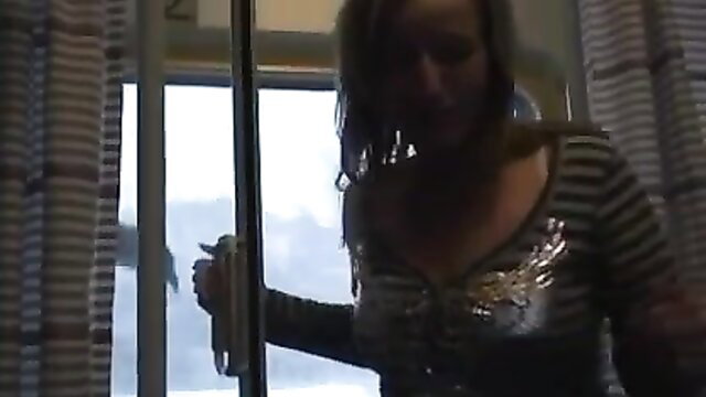 Brunette with big tits grabs cock by train window in kinky public sex