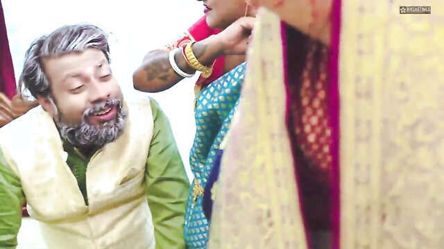 Indian stepdad in kurta groped by busty saree-clad daughters-in-law
