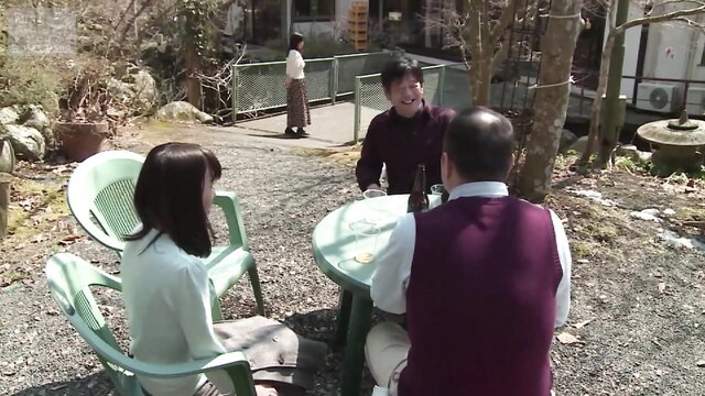 Japanese unfaithful housewives drinking beer outdoors with men