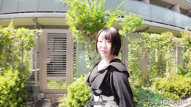 Fluffy G-cup Rina-chan in black sexy dress outdoors JAV thumbnail