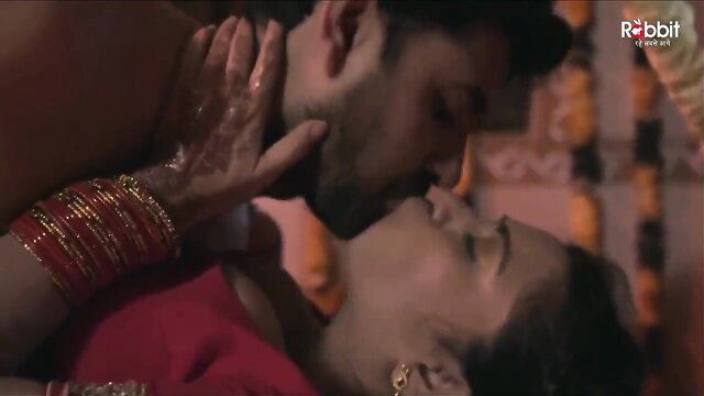 Desi couple in intense kissing foreplay, bangles and henna on hot Indian babe