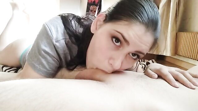 Hot brunette stepmom in sexy lingerie kneels to suck cock POV