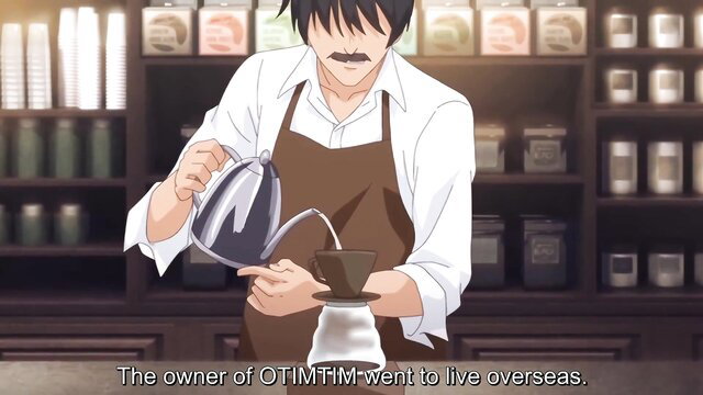 Handsome anime barista pouring coffee in cafe apron shirt