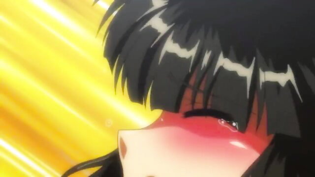 Blushing anime girl closeup with black bangs, red cheeks, yellow glow - futanari JAV