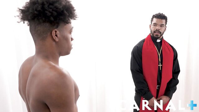 Black muscle hunk priest faces shirtless fit young black man