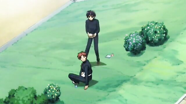 Papa to Kiss in the Dark 2: Two anime gay students kneeling outdoors
