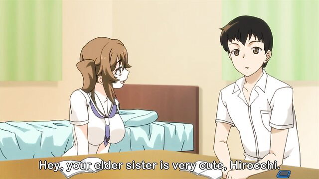 Cute anime elder sister in tight uniform chats with brother Hirocchi