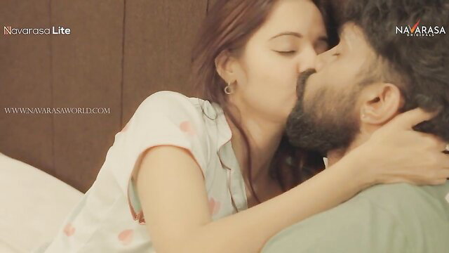 Indian couple passionate bedroom kiss, erotic hussy embrace