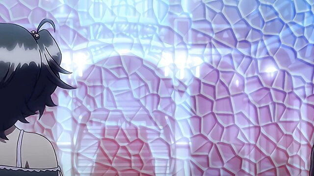 Busty anime succubus in lingerie viewed from behind in hentai scene