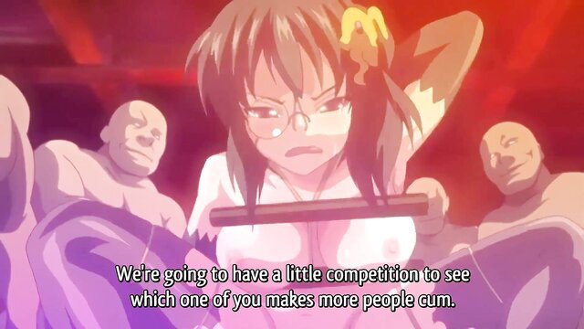 Asian anime girl in glasses challenges muscular men to cum competition