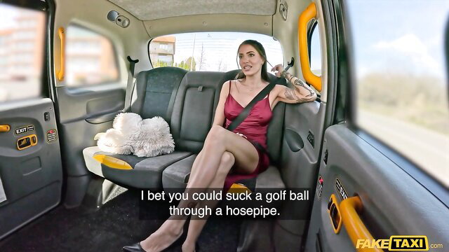Coco Bae in red dress bets she can suck golf ball through hose pipe in Fake Taxi