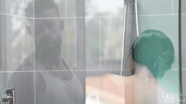 Lola Morena showering nude with Ally Lust watching, wet tgirl ass tease