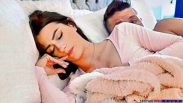 Brunette stepsis sleeping in bed with stepbro, taboo tease