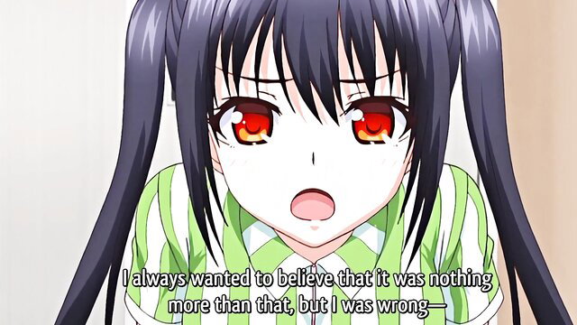 Anime JK teenie with red eyes, black hair in shock, striped shirt, virgin spank daddy scene