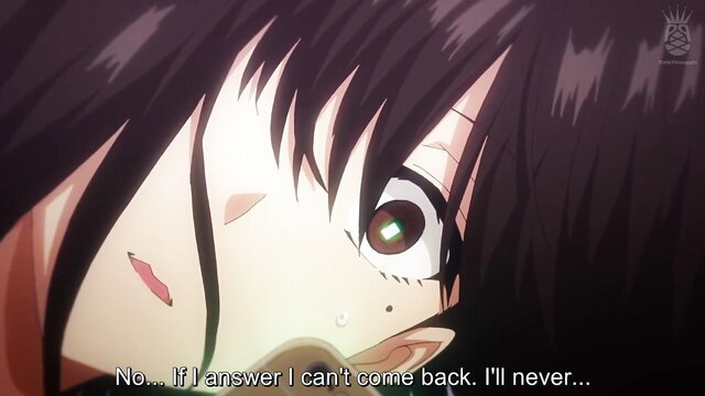 Anime girl with green eyes and tears begs desperately in hentai scene