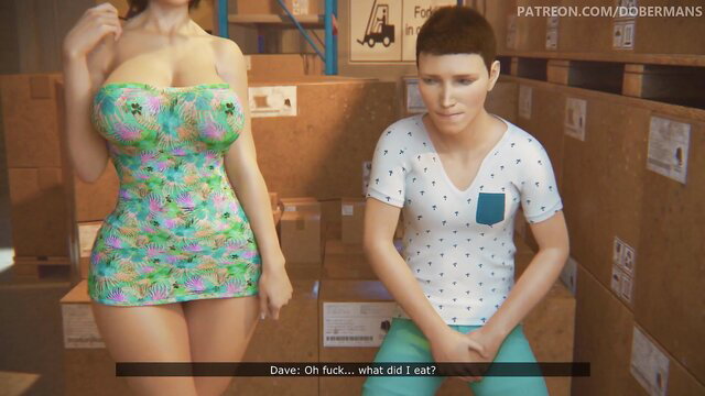 Busty 3D stepmom in tight dress teases stepson with huge boner