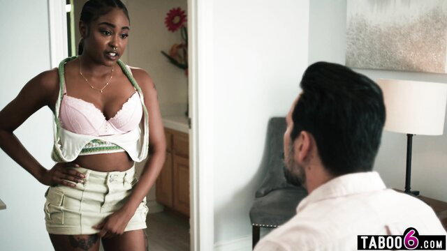 Destiny Mira black teen stepdaughter in lingerie teases stepdad