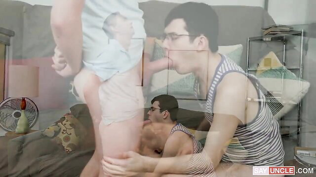 Stepdaddy boosts confidence with twink in threesome cock suck on Family Dick