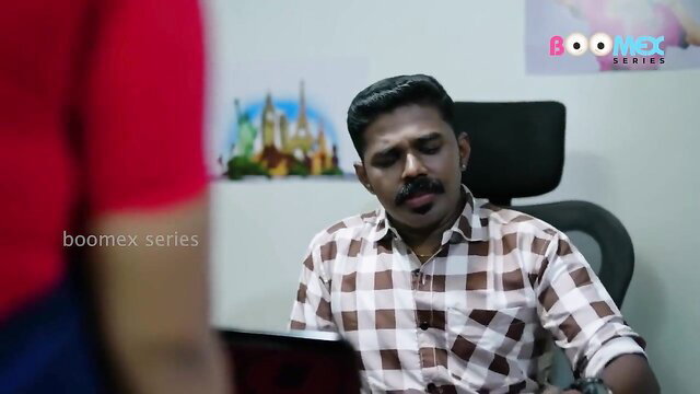 Indian man in office shirt at desk, juicy babe arm teaser