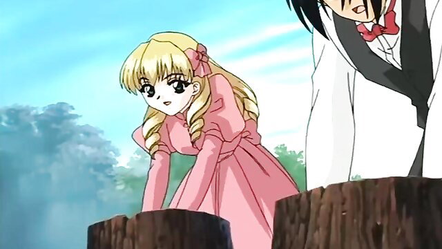 Blonde hentai teen in pink dress with dark-haired guy outdoors