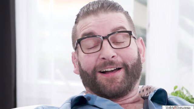 Bearded stepdad smiles in anal threesome with Asian tgirl stepdaughter & shemale BFF