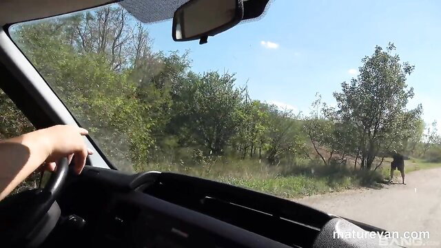 Siena long hair beauty driving POV in car, natural tits visible