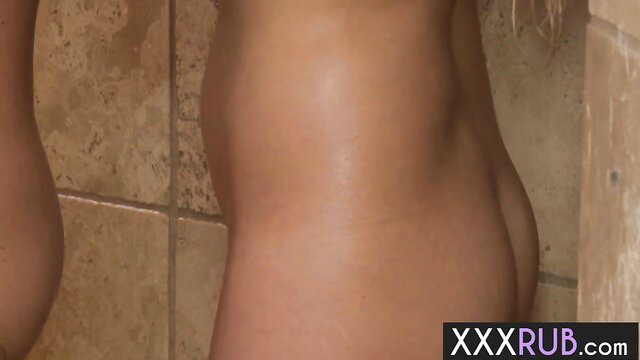 Hot blonde cougar's perfect nude ass side view in shower