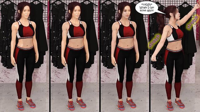 Sexy Asian mannequin in tight sports bra and leggings stretches in store