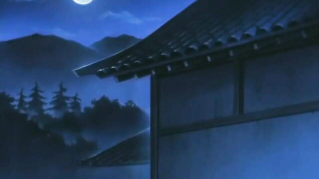 Mysterious misty night at Japanese temple with moonlit mountains