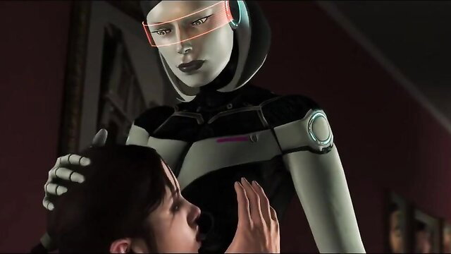 Sexy female android in tight bodysuit gropes busty hentai girl close-up