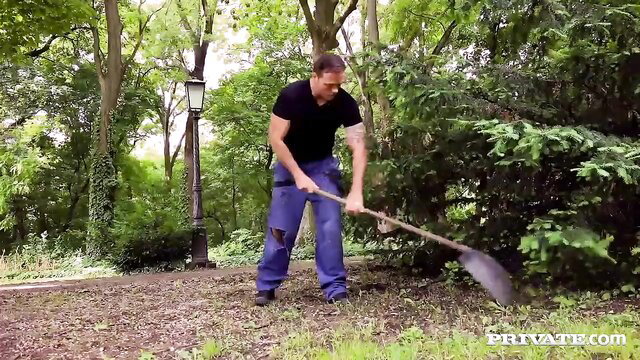 Anita Bellini in Tight Jeans Bent Over with Shovel by Gardeners