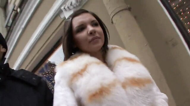 Alina Henessy in fur coat on snowy street, Lovely Brunette