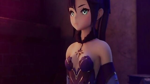 Mona hmv anime girl in sexy purple lingerie, cleavage and curves