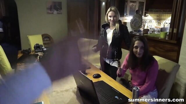 Julia De Lucia and Jimena Lago hot lesbian tease in living room