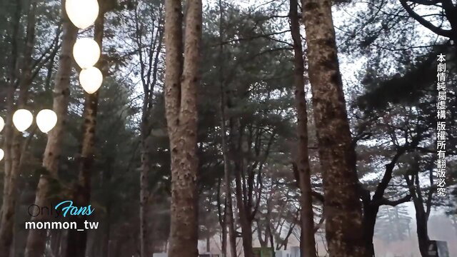 Sexy Asian model in forest with glowing lanterns, Korea amateur vlog tease