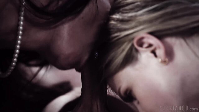 Syren De Mer kissing blonde girlfriend's neck in taboo threesome tease