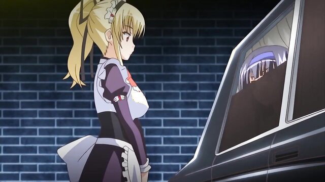 Busty blonde hentai maid in revealing uniform by changing room window