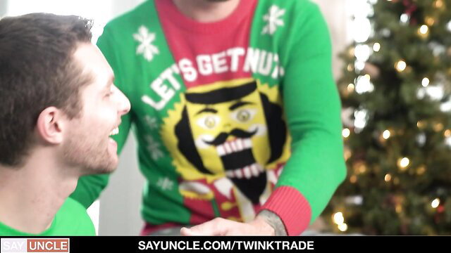Muscular stepdaddies in festive sweaters share intimate Christmas eve with twinks