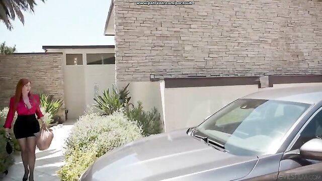 Lauren Phillips in short skirt and top outside car, stepmom vibe