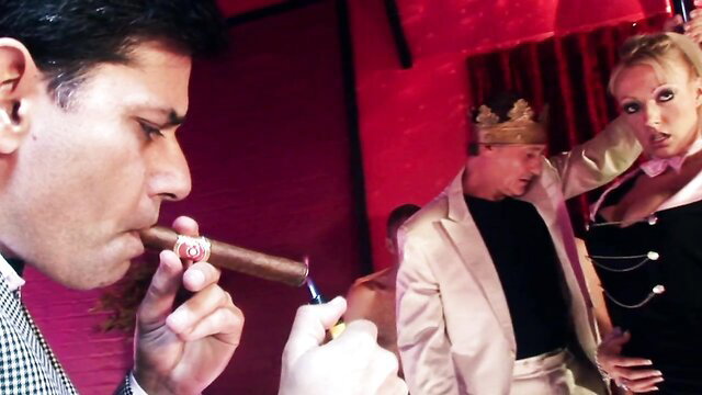 Blonde stripper teases suited Arab man with cigar in hardcore strip club orgy