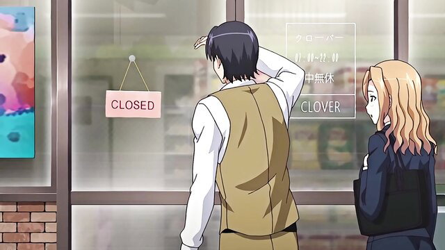 Blonde teenie and manager peer into closed Clover shop window