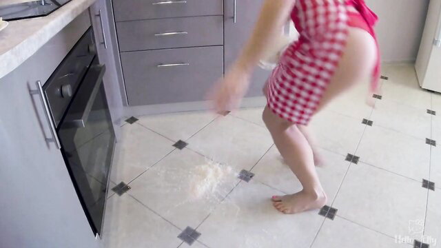 HelloElly in checkered apron spills flour, big ass exposed in kitchen
