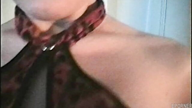 Busty babe in sheer leopard lingerie choker closeup tease