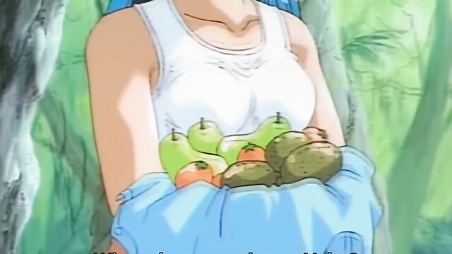 Anime hentai girl in white tank top holding fruits over huge tits in jungle