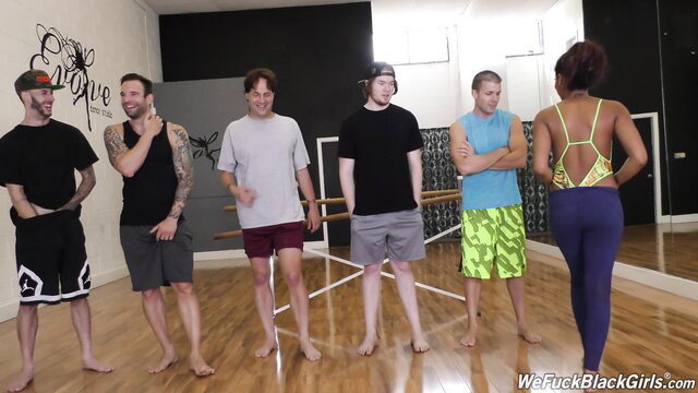 Zoey's Dirty Secret: Ebony babe posed with 5 white guys in dance studio