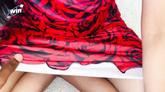 Tani Doll lifts red rose sundress showing panties with step-sis
